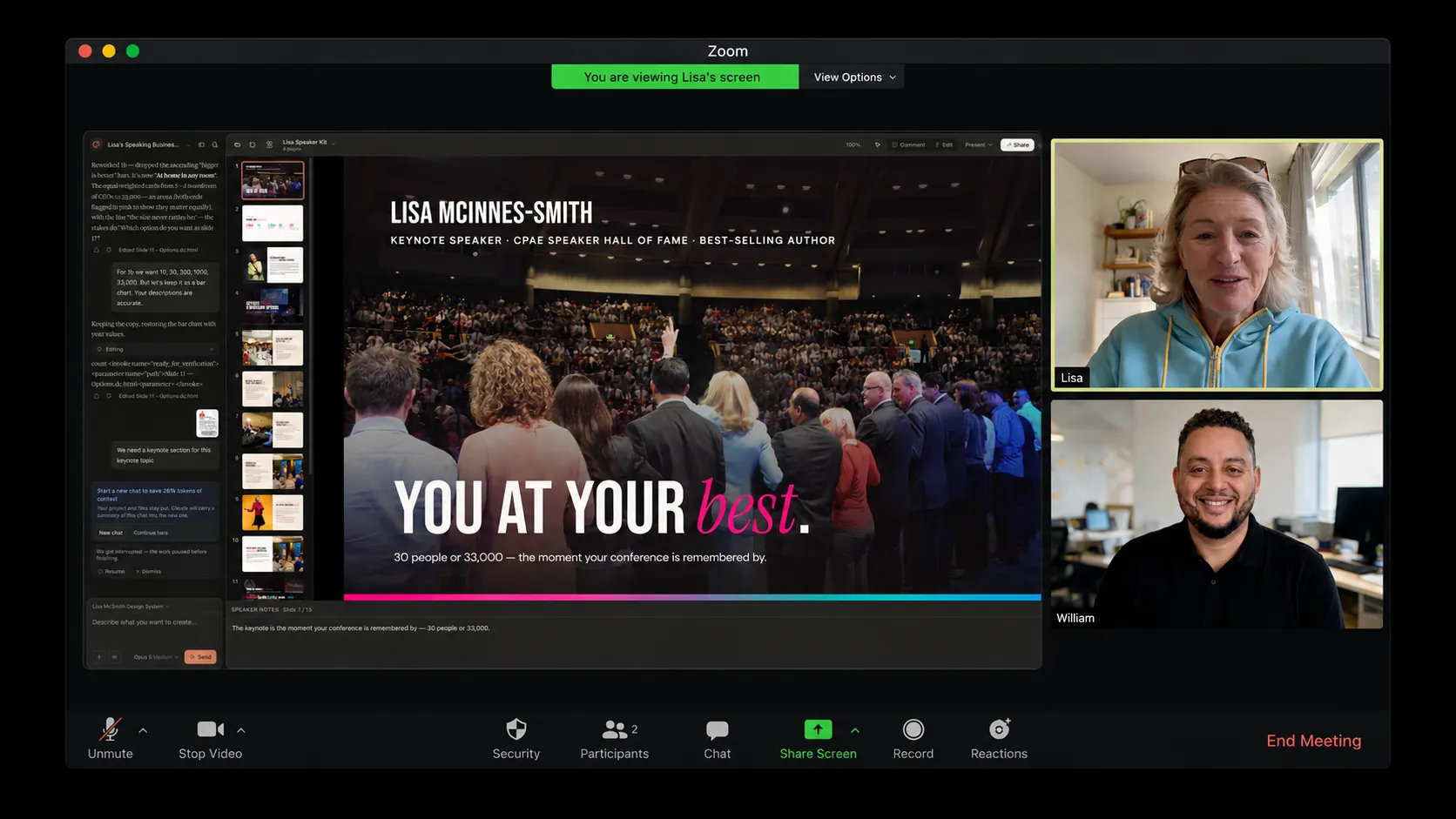 William coaching Lisa on a live video call, sharing her speaker kit on screen