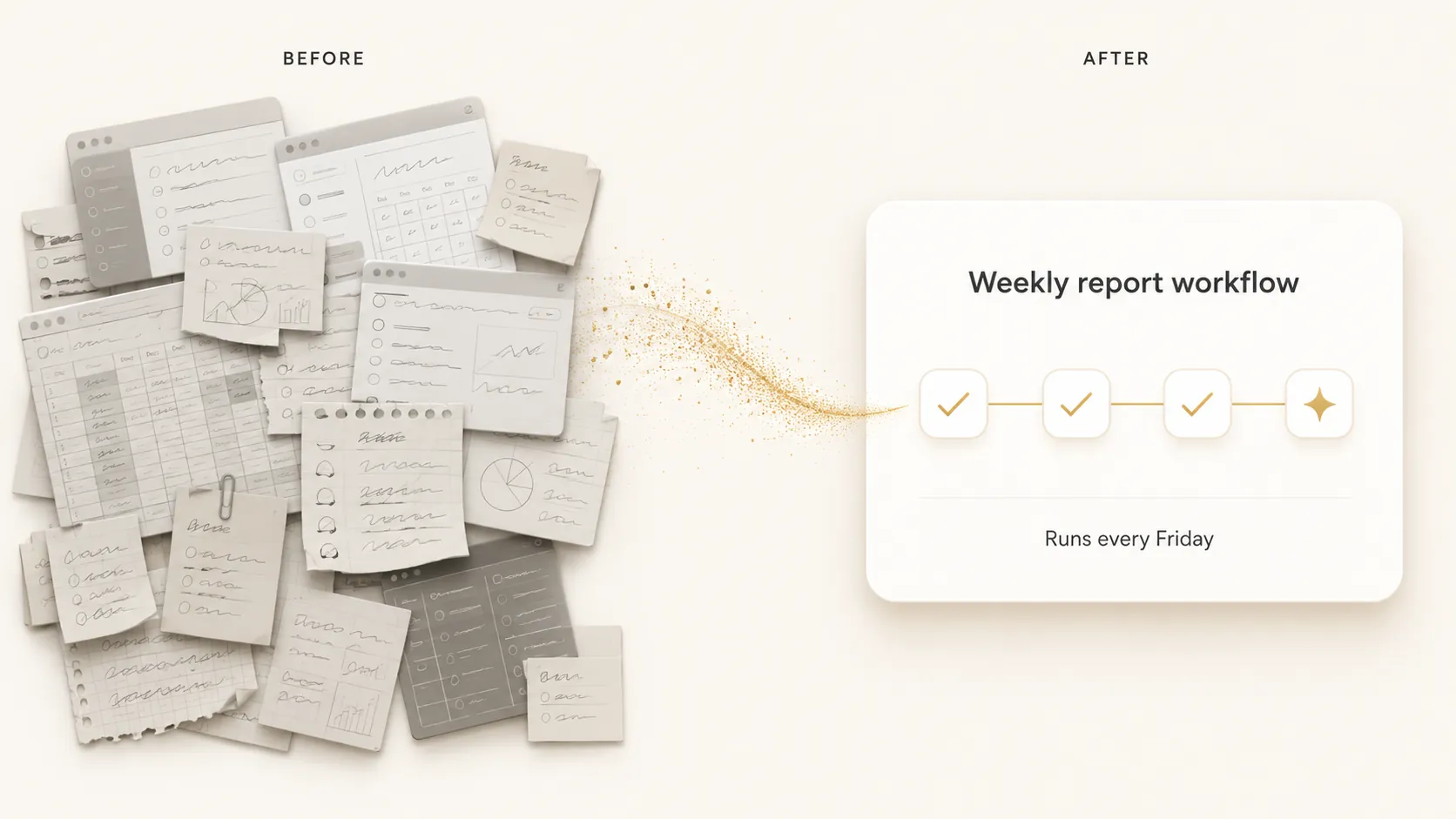 A client's real workflow before and after: scattered notes and spreadsheets becoming one weekly report workflow